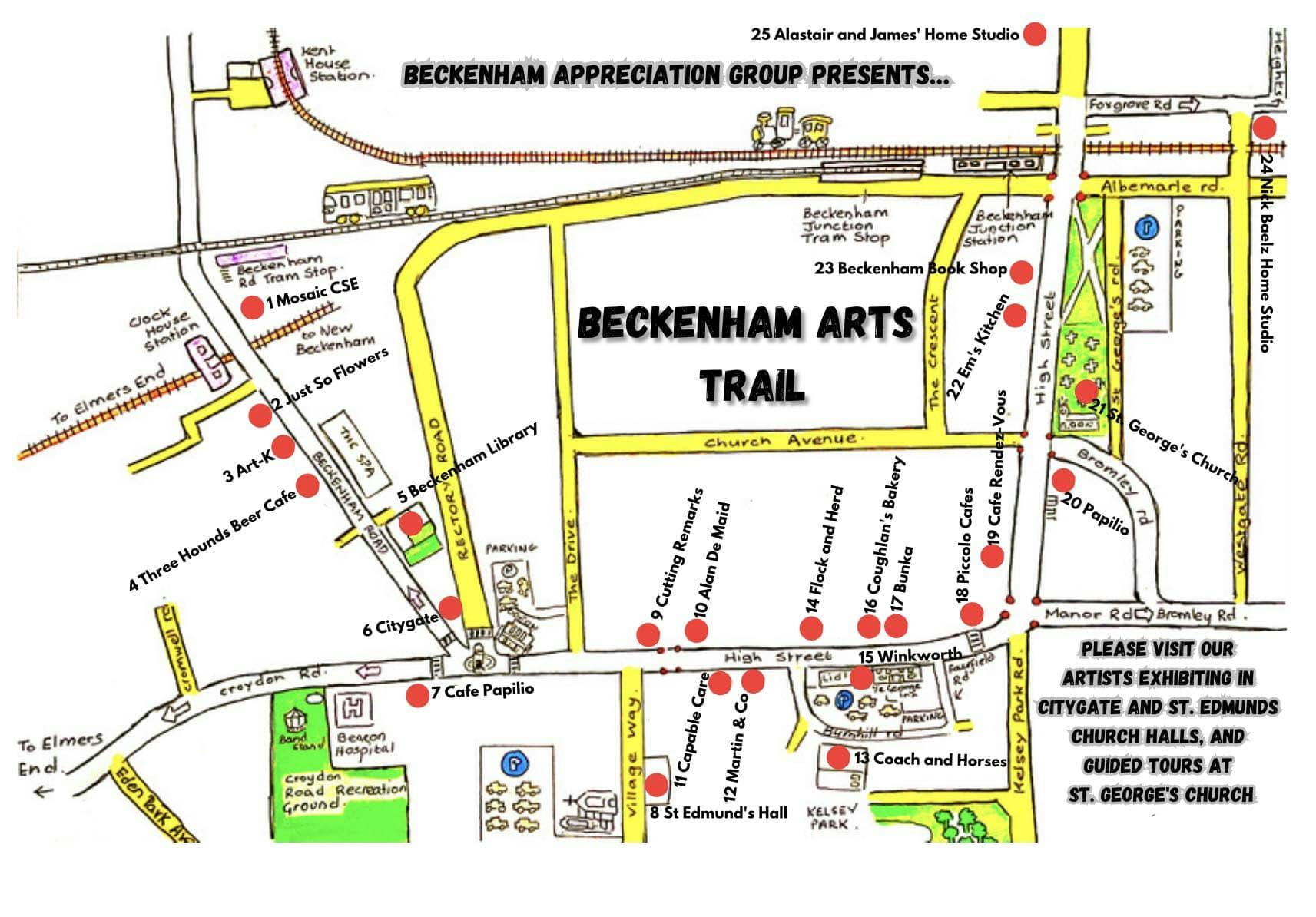 A map of Beckenham with the locations for the art trail